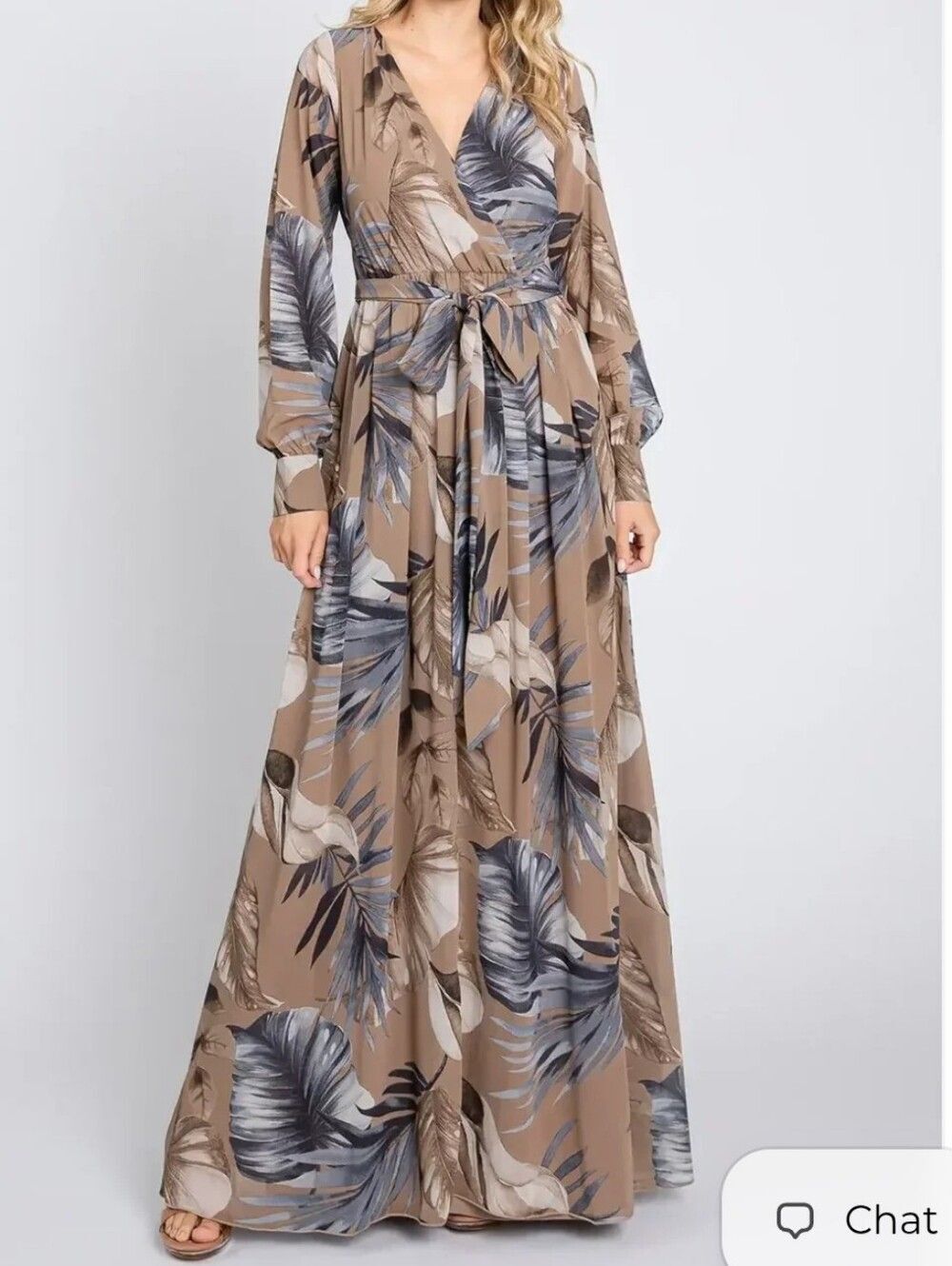 Feminine Modest Taupe Floral V-Neck Maxi Dress with Long Sleeves size Medium [6-